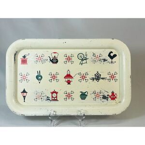 Vintage Metal Kitchen Tray Early American Design Motifs Red White Black Green